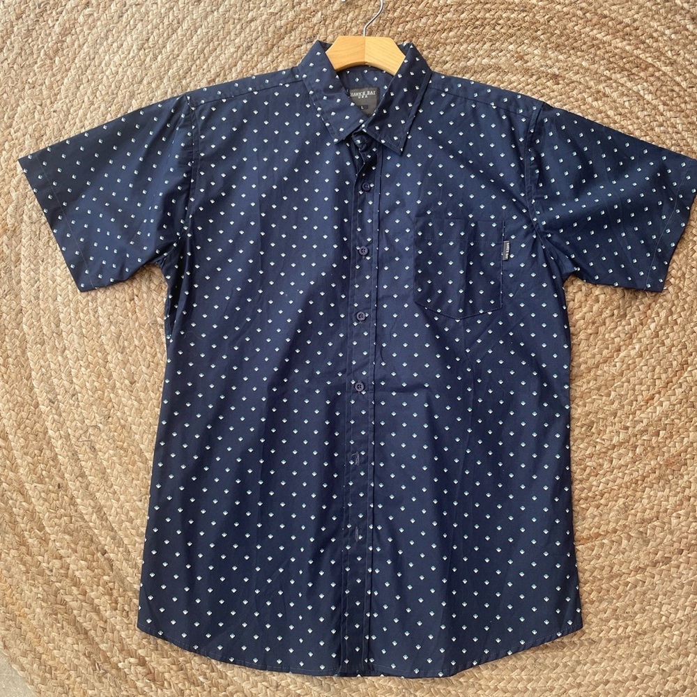 navy blue with white design button up shirt
